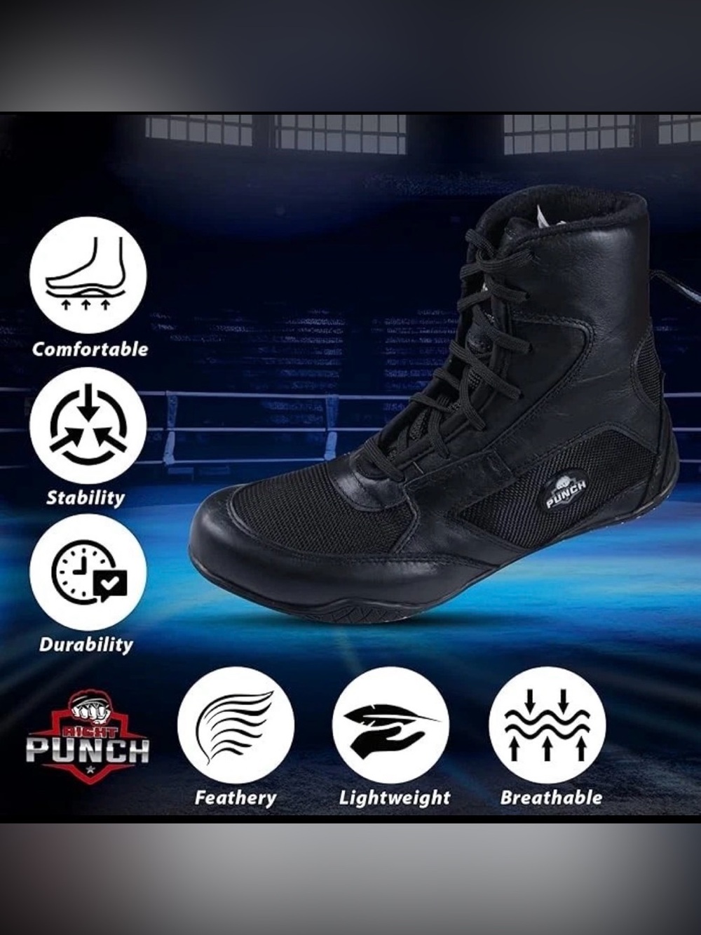 New Rightpunch Leather Boxing Shoes Mid-Top Wrestling Boots Men size 14 black - Picture 2 of 12